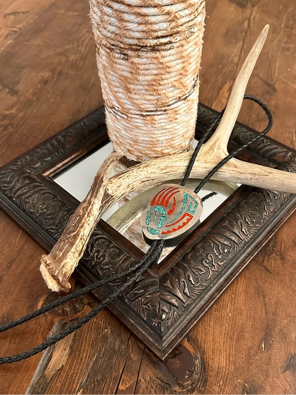 Southwest Nickel Silver Turquoise and Coral Chip Inlay Bolo Necklace Marked TT